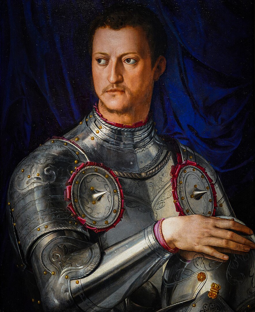 Portrait of Cosimo I dè Medici in armor painted in oil on panel in 1545 by Bronzino.