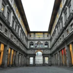 View of the facade of the Uffizi Gallery in Florence