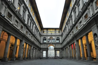 View of the facade of the Uffizi Gallery in Florence