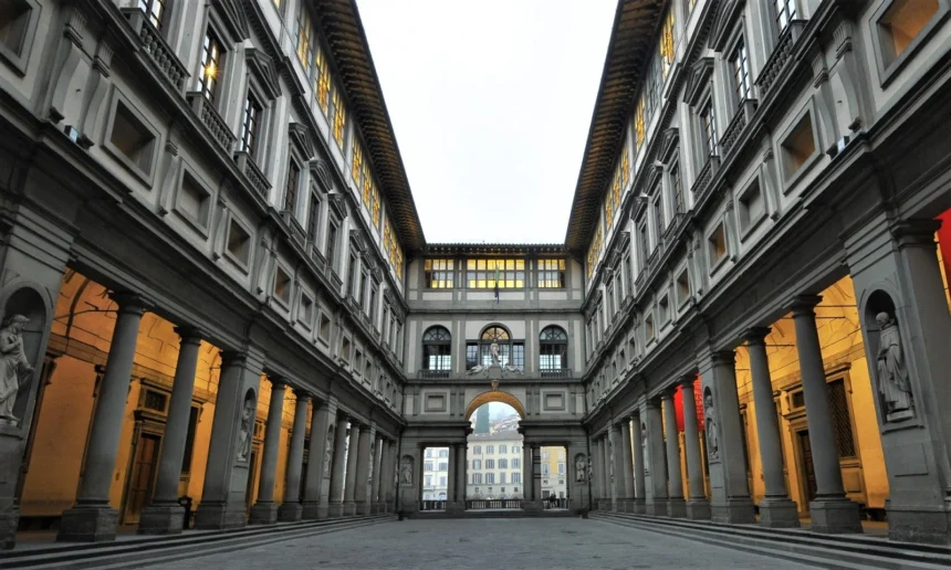 View of the facade of the Uffizi Gallery in Florence